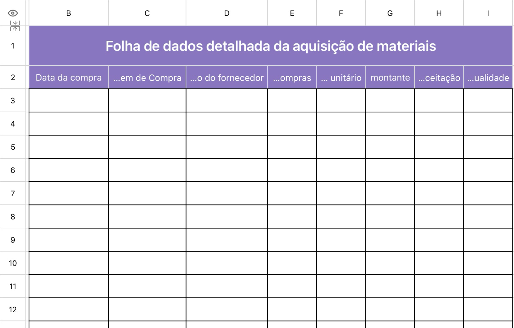 Folha de dados detalhada da aquisição de materiais